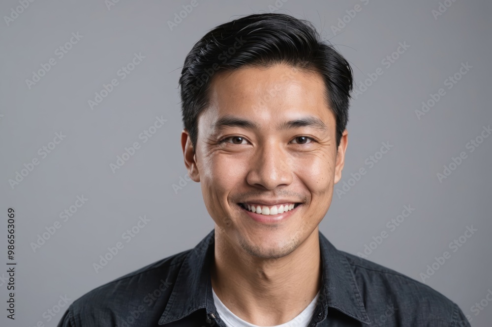 Full framed very close face portrait of a smiling 40s asian non binary with gray eyes looking at the camera, studio shot,gray background. Full framed very close face portrait of a smiling 40s asian non binary with gray eyes looking at the camera, studio shot,gray background.