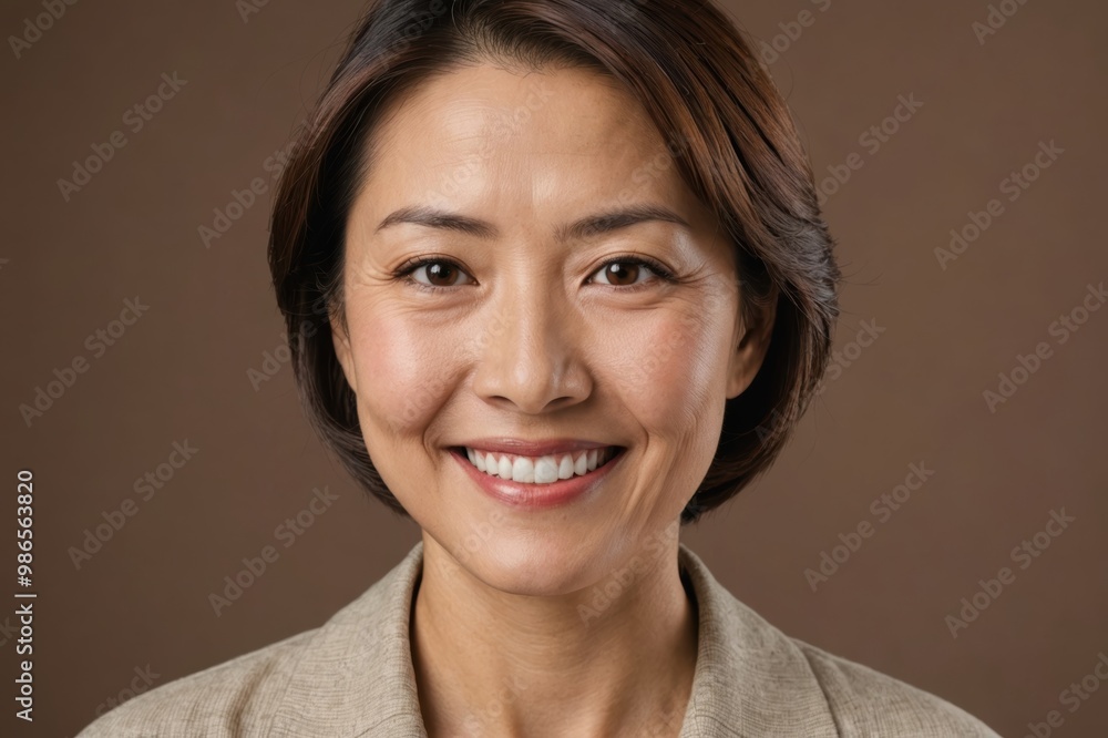 Full framed very close face portrait of a smiling 40s japanese woman with brown eyes looking at the camera, studio shot,brown background.