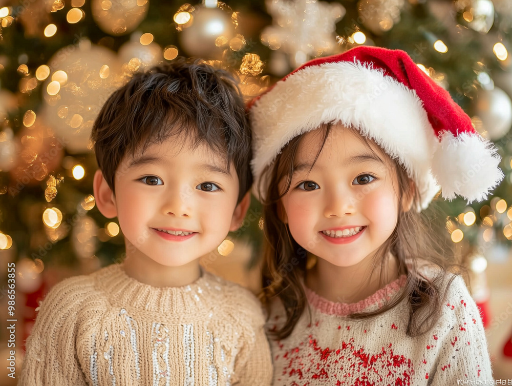 サンタ帽をかぶった笑顔の子供達 サンタ帽をかぶった笑顔の子供達