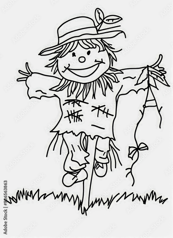 Fototapeta premium Scarecrow line drawing for coloring