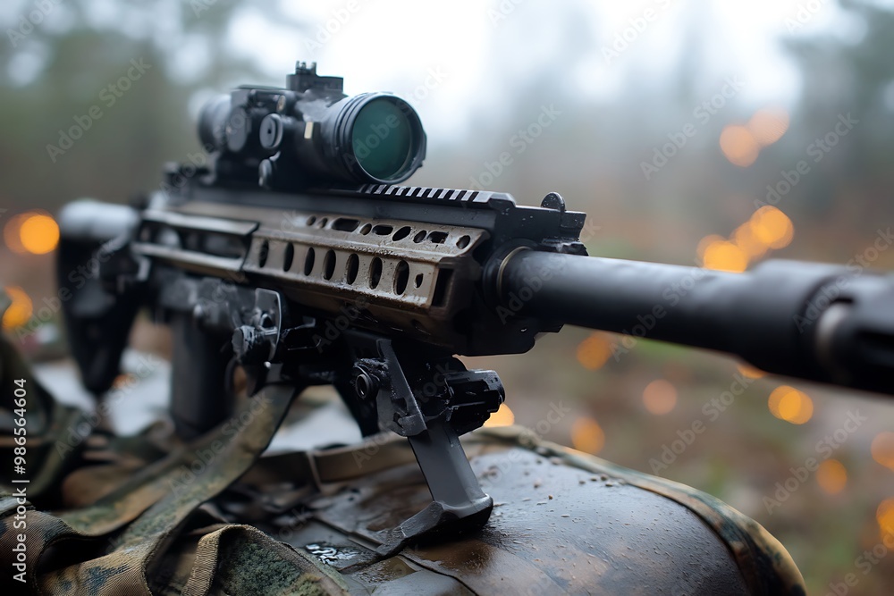 Sniper rifle with scope, close up view on military equipment. Sniper rifle with scope, close up view on military equipment.