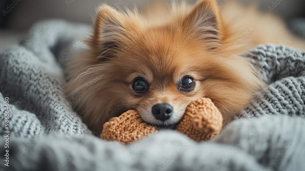 A fluffy Pomeranian with big expressive eyes enjoys playing with a soft toy while nestled on a cozy blanket in a warm and inviting living room A fluffy Pomeranian with big expressive eyes enjoys playing with a soft toy while nestled on a cozy blanket in a warm and inviting living room