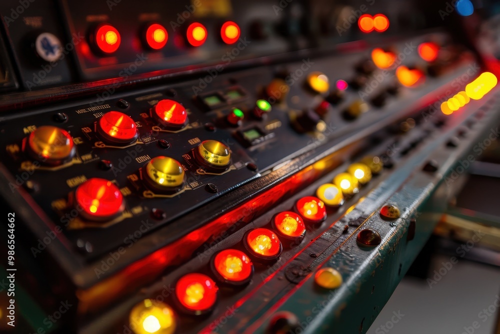 Control panel featuring various buttons and lights in a dark environment, capturing the essence of industrial machinery in a workshop setting during the evening Control panel featuring various buttons and lights in a dark environment, capturing the essence of industrial machinery in a workshop setting during the evening