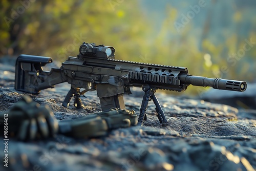 Modern semi automatic rifle with scope and bipod on rocks in nature