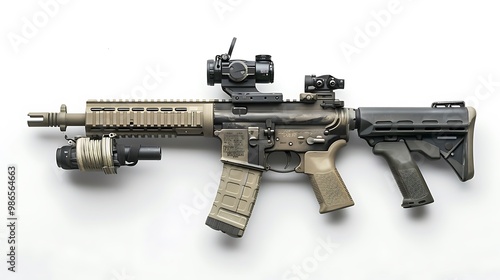 An Army rifle with a side-mounted flashlight and laser sight, isolated on a pristine white background. photo