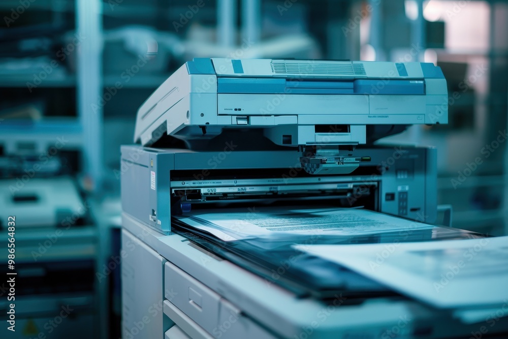 A busy office environment during the day featuring copiers and paperwork amid natural sunlight streaming through the windows A busy office environment during the day featuring copiers and paperwork amid natural sunlight streaming through the windows