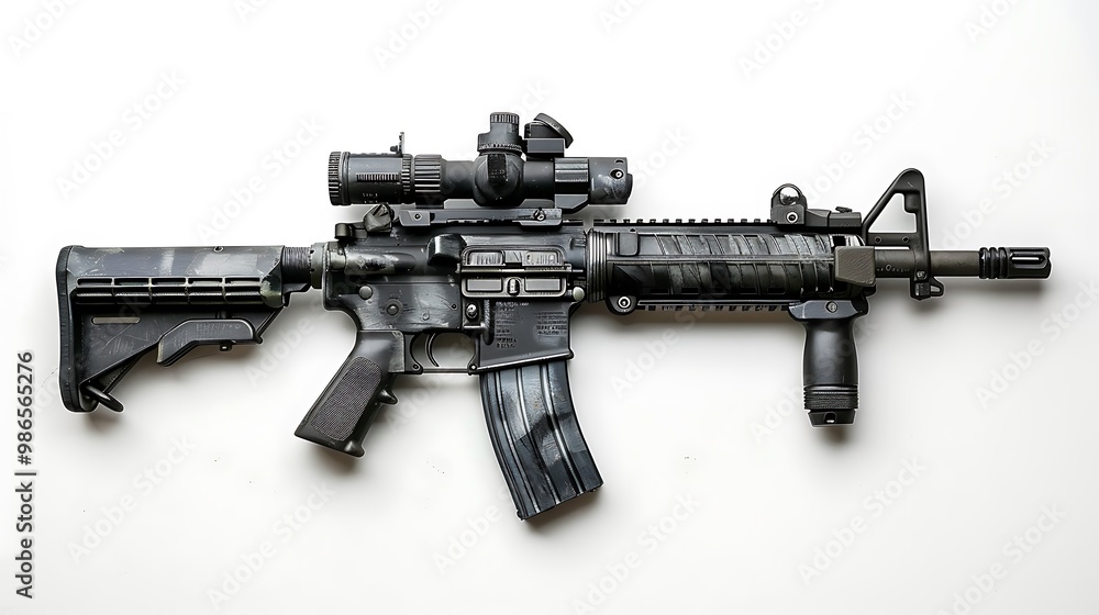 An Army rifle with a side-mounted flashlight and laser sight, isolated on a pristine white background. An Army rifle with a side-mounted flashlight and laser sight, isolated on a pristine white background.