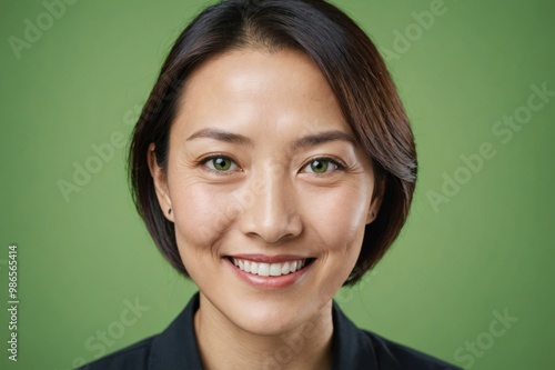 Full framed very close face portrait of a smiling 40s chinese woman with green eyes looking at the camera, studio shot,green background.