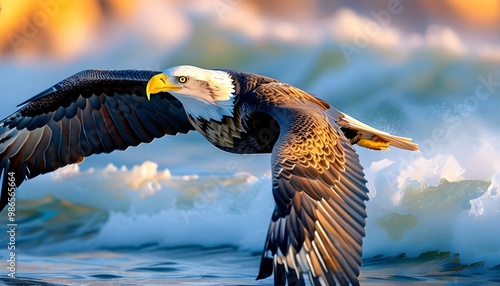 Majestic bald eagle in flight over vibrant ocean waves, showcasing a stunning double exposure silhouette against a backdrop of natures beauty photo