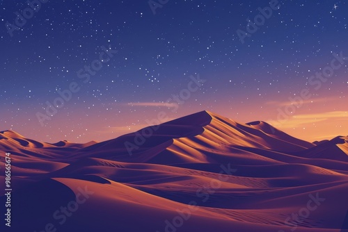 A breathtaking view of the starry night sky over golden sand dunes in a tranquil desert landscape during the late evening, showcasing the beauty of nature and the cosmos