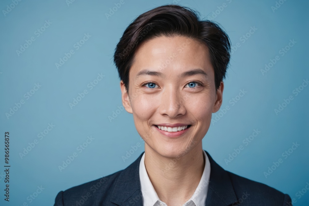 Full framed very close face portrait of a smiling 40s chinese non binary with blue eyes looking at the camera, studio shot,blue background. Full framed very close face portrait of a smiling 40s chinese non binary with blue eyes looking at the camera, studio shot,blue background.