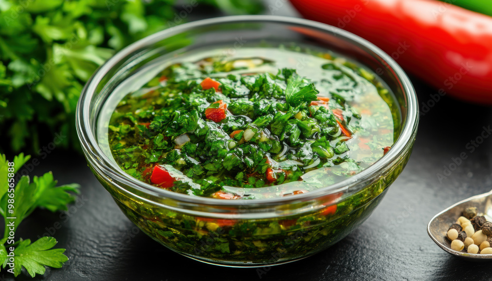 Fresh Chimichurri Sauce with Herbs and Spices in Glass Bowl. Fresh Chimichurri Sauce with Herbs and Spices in Glass Bowl.