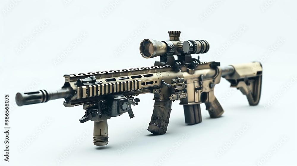 An Army rifle with a side-mounted flashlight and laser sight, isolated on a pristine white background. An Army rifle with a side-mounted flashlight and laser sight, isolated on a pristine white background.