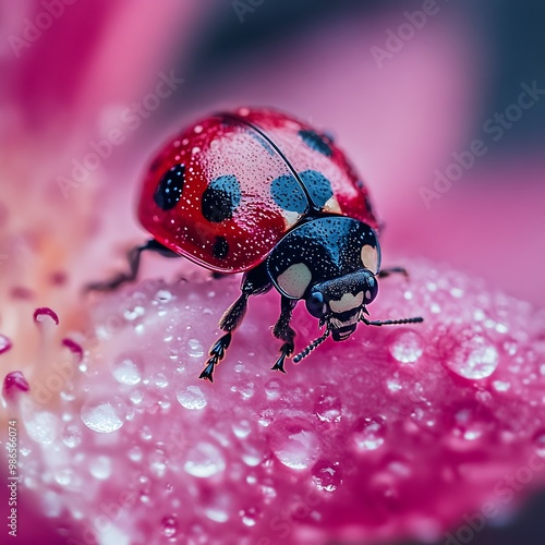 Macro shot of ladybug on a pink petal covered in dew drops photo