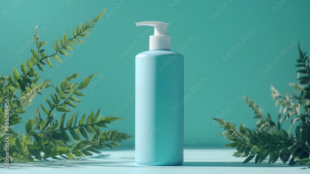 blank blue plastic pump bottle skincare brand mock-up toner moisturizer serum cleanser branding brand marketing product packaging photography fern leaves blank blue plastic pump bottle skincare brand mock-up toner moisturizer serum cleanser branding brand marketing product packaging photography fern leaves