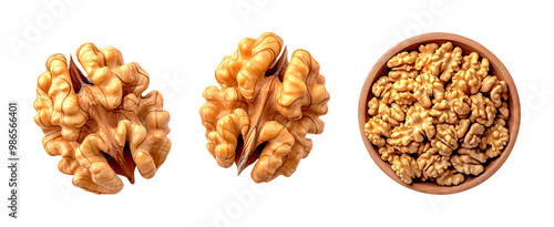 Walnut halves and shelled walnuts in a wooden bowl on a transparent background