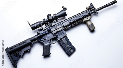 An Army rifle with a side-mounted scope and laser, isolated on a pristine white background.