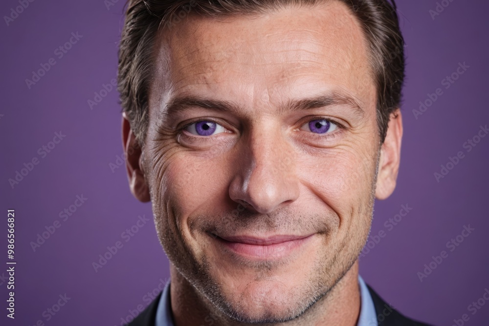 Full framed very close face portrait of a smiling 40s caucasian man with violet eyes looking at the camera, studio shot,violet background. Full framed very close face portrait of a smiling 40s caucasian man with violet eyes looking at the camera, studio shot,violet background.