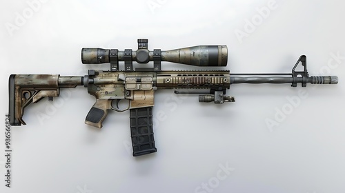 An Army rifle with a silencer attached, placed horizontally on a white background, captured in high resolution.