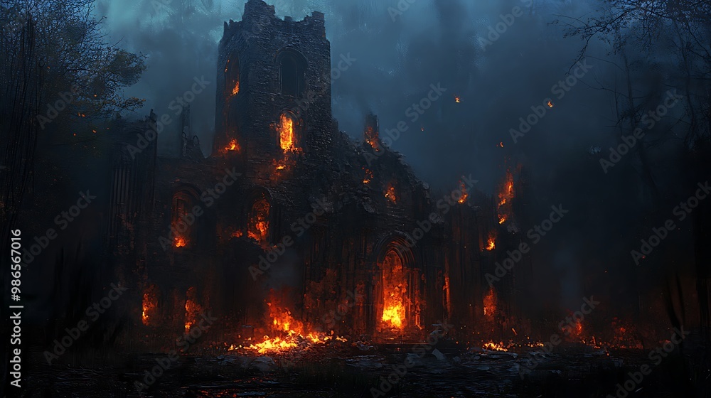 A Ruined Gothic Church Engulfed in Flames A Ruined Gothic Church Engulfed in Flames