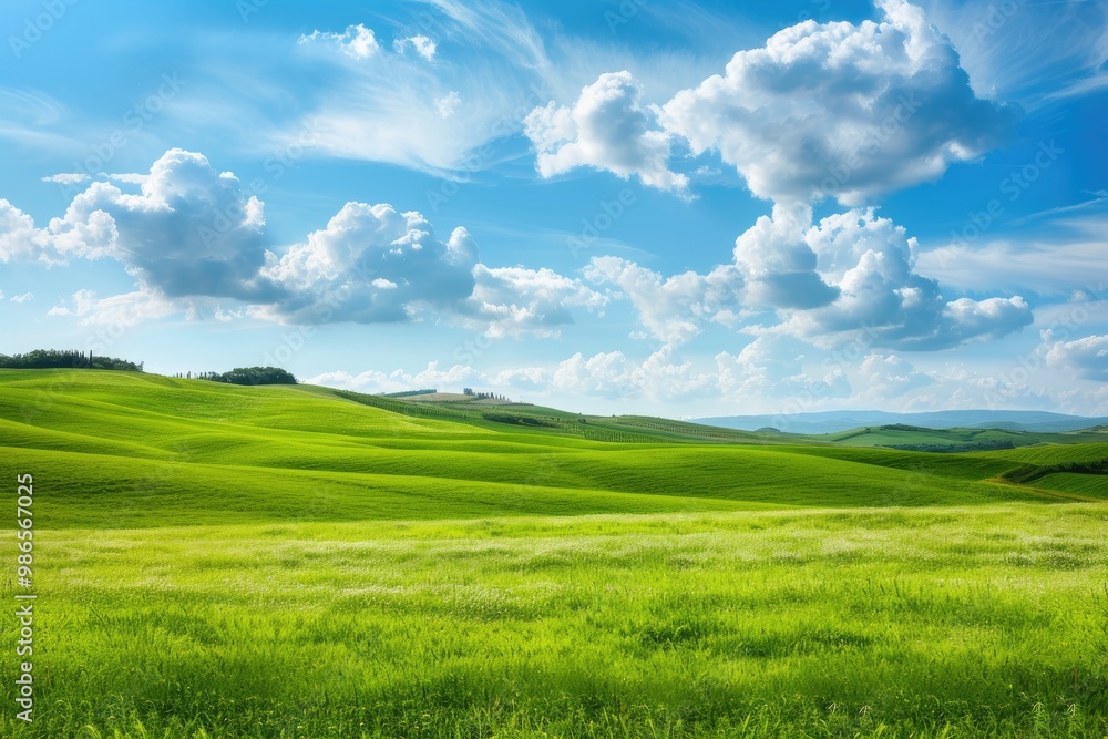 Lush green fields under a vibrant blue sky with fluffy clouds in a serene landscape during a sunny day in the countryside Lush green fields under a vibrant blue sky with fluffy clouds in a serene landscape during a sunny day in the countryside