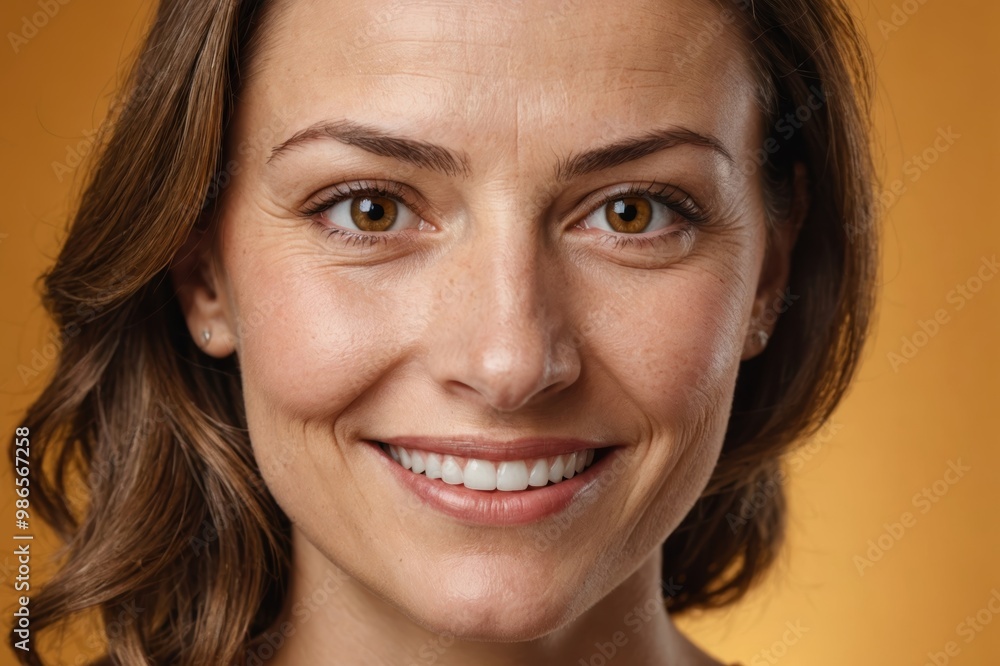 Full framed very close face portrait of a smiling 40s caucasian woman with amber eyes looking at the camera, studio shot,amber background. Full framed very close face portrait of a smiling 40s caucasian woman with amber eyes looking at the camera, studio shot,amber background.