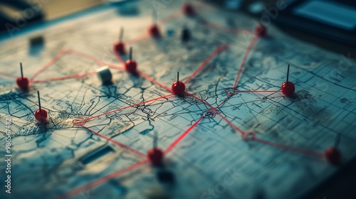 Close up shot of investigation board. Detective board with map of crime scene, pinned evidences and red thread connecting clues. 