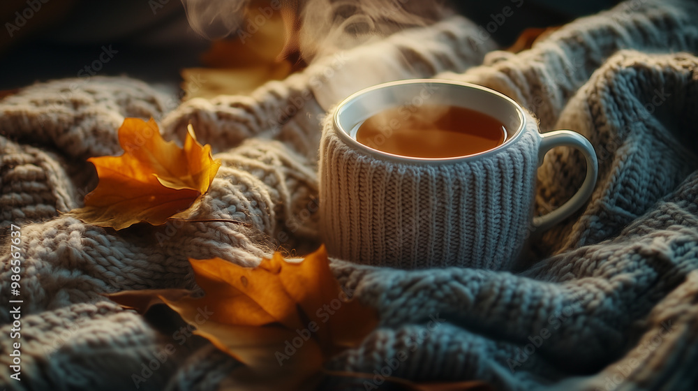 A steaming cup of tea wrapped in a warm knitted sweater, with autumn leaves nearby, creating a cozy and warm atmosphere A steaming cup of tea wrapped in a warm knitted sweater, with autumn leaves nearby, creating a cozy and warm atmosphere