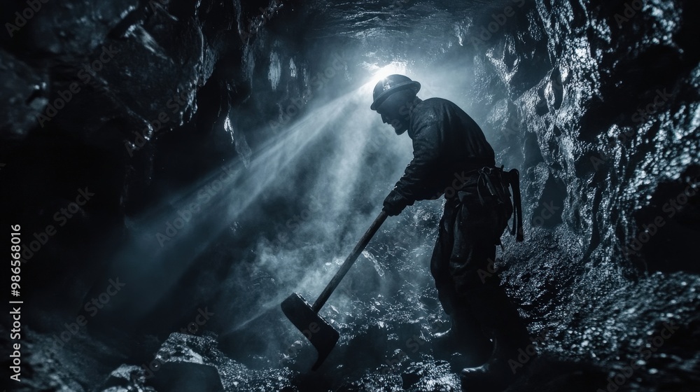 Fototapeta premium A miner is hard at work in a coal mine, covered in dust and illuminating the darkness with a pickaxe. Shafts of light break through the cave's openings, highlighting the tough conditions