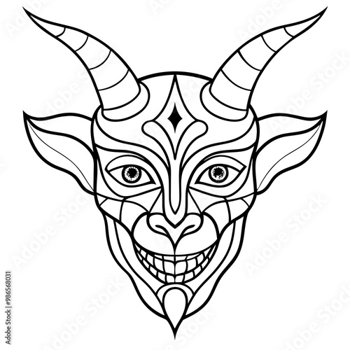 Intricate Demonic Horned Mask Line Art Detailed Vector Illustration