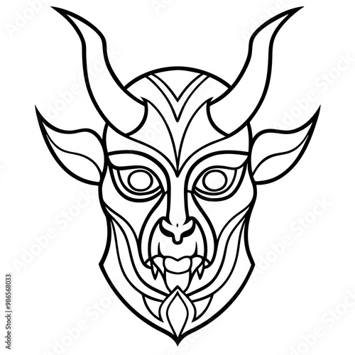 Intricate Demonic Horned Mask Line Art Detailed Vector Illustration