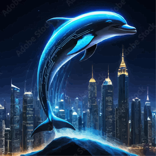 Digital dolphin soaring above futuristic cityscape, glowing with neon lights and high-tech details
