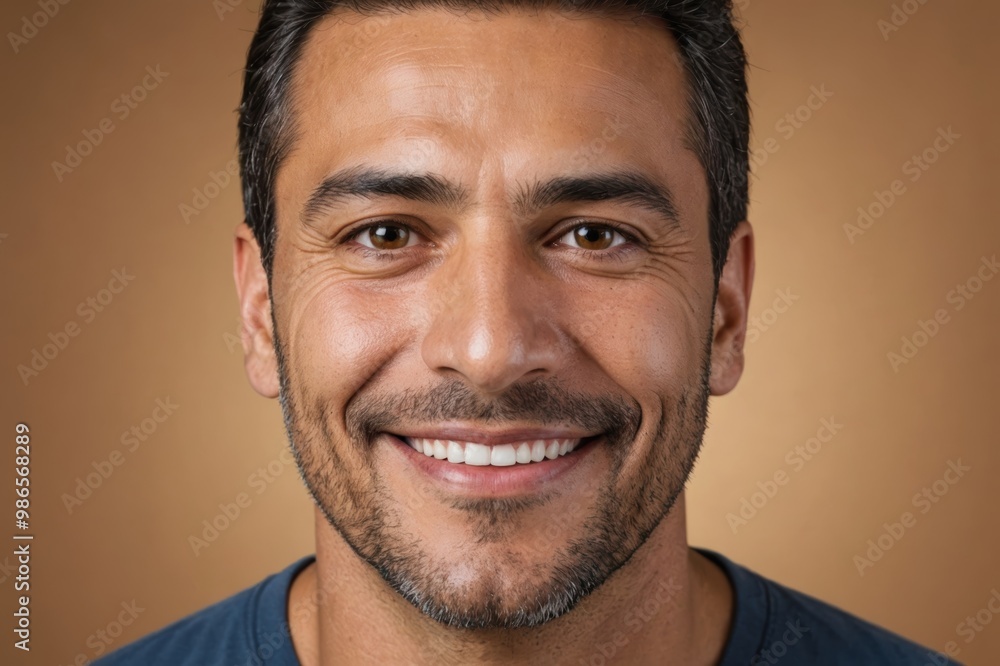 Full framed very close face portrait of a smiling 40s hispanic man with hazel eyes looking at the camera, studio shot,hazel background. Full framed very close face portrait of a smiling 40s hispanic man with hazel eyes looking at the camera, studio shot,hazel background.