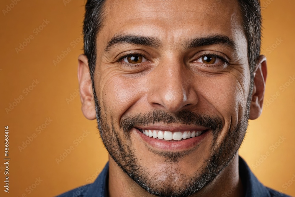 Full framed very close face portrait of a smiling 40s hispanic man with amber eyes looking at the camera, studio shot,amber background. Full framed very close face portrait of a smiling 40s hispanic man with amber eyes looking at the camera, studio shot,amber background.