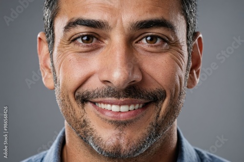 Full framed very close face portrait of a smiling 40s hispanic man with gray eyes looking at the camera, studio shot,gray background.