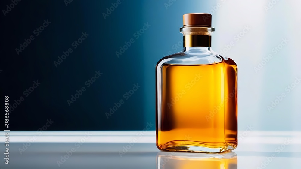 A lovely, minimalist shot of an amber glass bottle. The bottle contains a sparkling liquid that reflects the warm hues of the amber color. A lovely, minimalist shot of an amber glass bottle. The bottle contains a sparkling liquid that reflects the warm hues of the amber color.