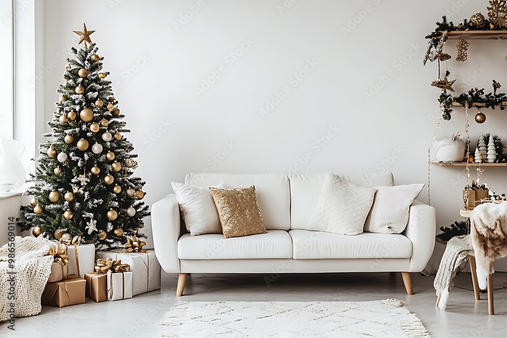 White Couch and Christmas Tree with Gold Ornaments White Couch and Christmas Tree with Gold Ornaments