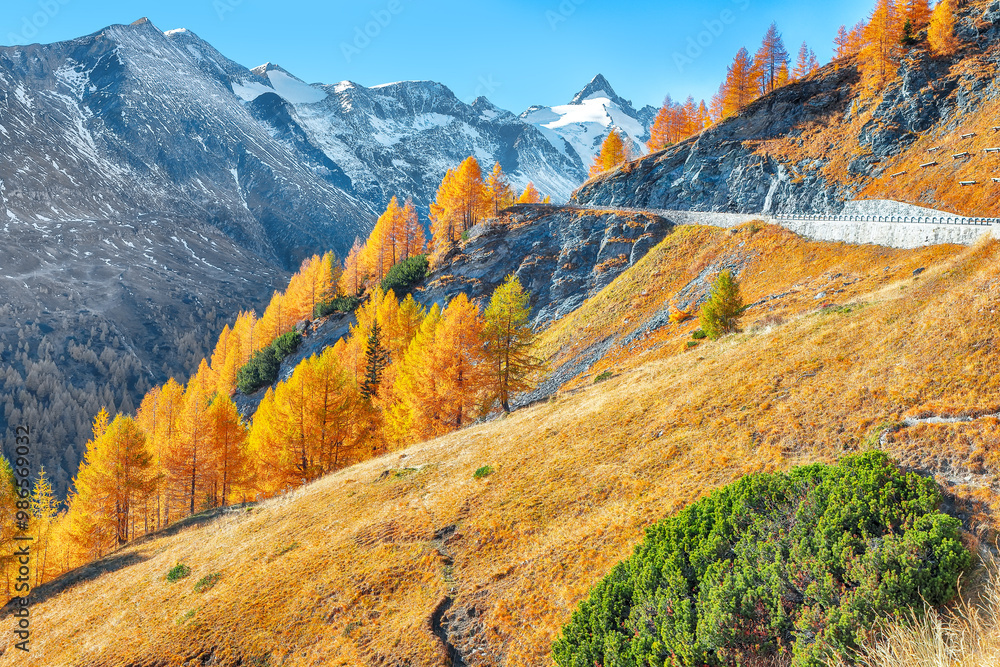 Stunning view of moutaine scenery at Grossglockner High Alpine Road during autumn.