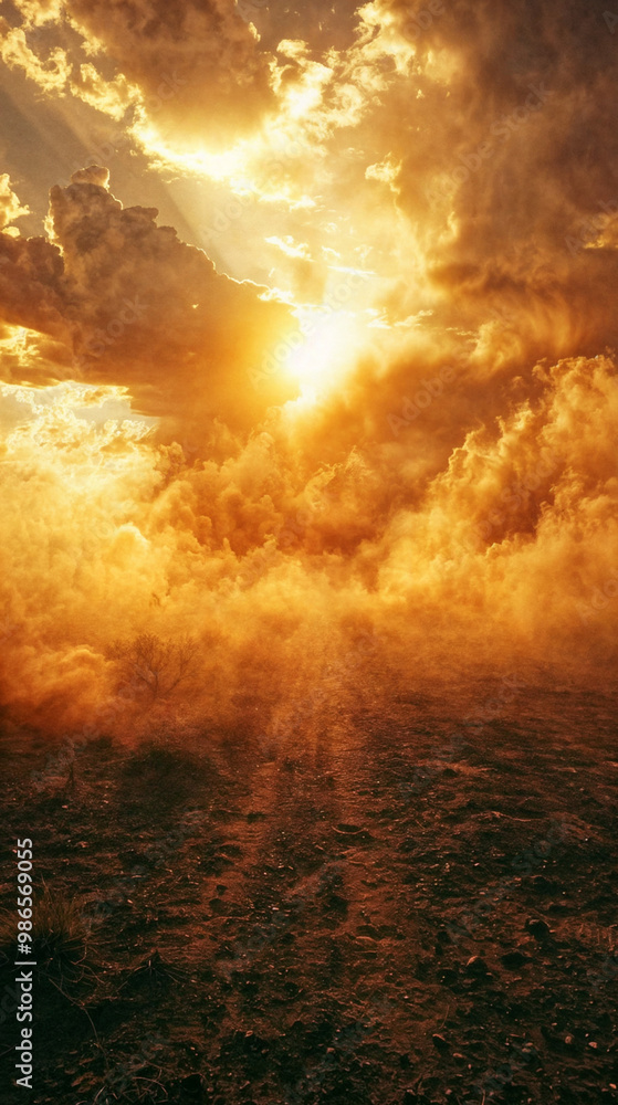 Golden Sunset Over Desert Dunes with Sandstorm Golden Sunset Over Desert Dunes with Sandstorm