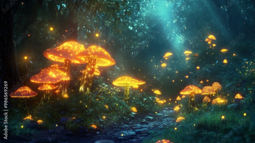 Naklejka premium Fantastic world of mushrooms. Glowing mushrooms in the night forest. Night landscape. 