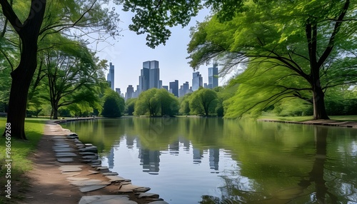 Tranquil park stroll amidst lush greenery and peaceful surroundings photo