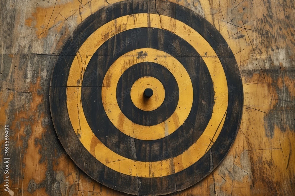 Target with concentric yellow and black circles mounted on a wooden board for practice shooting and archery at an outdoor range during the day Target with concentric yellow and black circles mounted on a wooden board for practice shooting and archery at an outdoor range during the day
