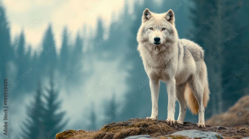 Naklejka premium A lone wolf standing on a rocky hillside in the woods, AI