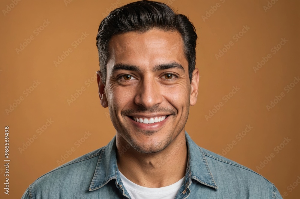 Obraz premium Full framed very close face portrait of a smiling 40s hispanic non binary with amber eyes looking at the camera, studio shot,amber background.