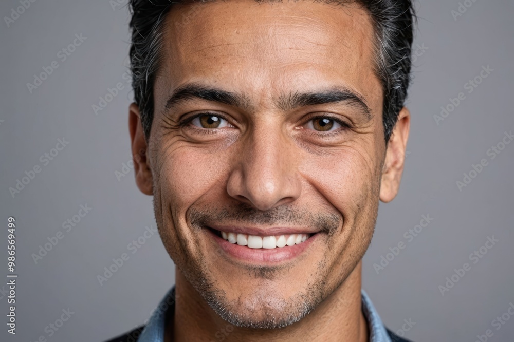 Full framed very close face portrait of a smiling 40s hispanic non binary with gray eyes looking at the camera, studio shot,gray background. Full framed very close face portrait of a smiling 40s hispanic non binary with gray eyes looking at the camera, studio shot,gray background.