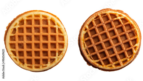 Round waffles displayed on a transparent background, showcasing their golden-brown texture and circular shape 