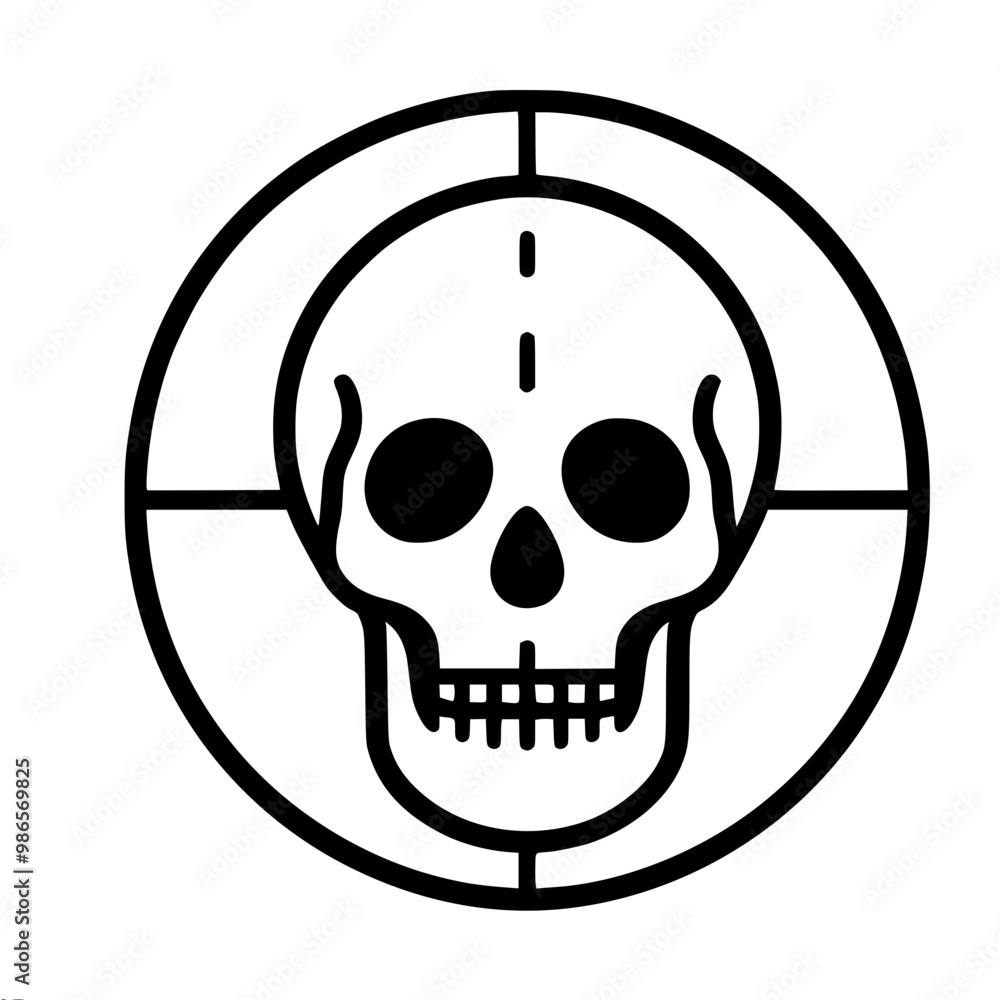 Fototapeta premium Stylish vector linear image of a skull in a circle with highlighted eye sockets, nasal cavity and teeth on a simple background.