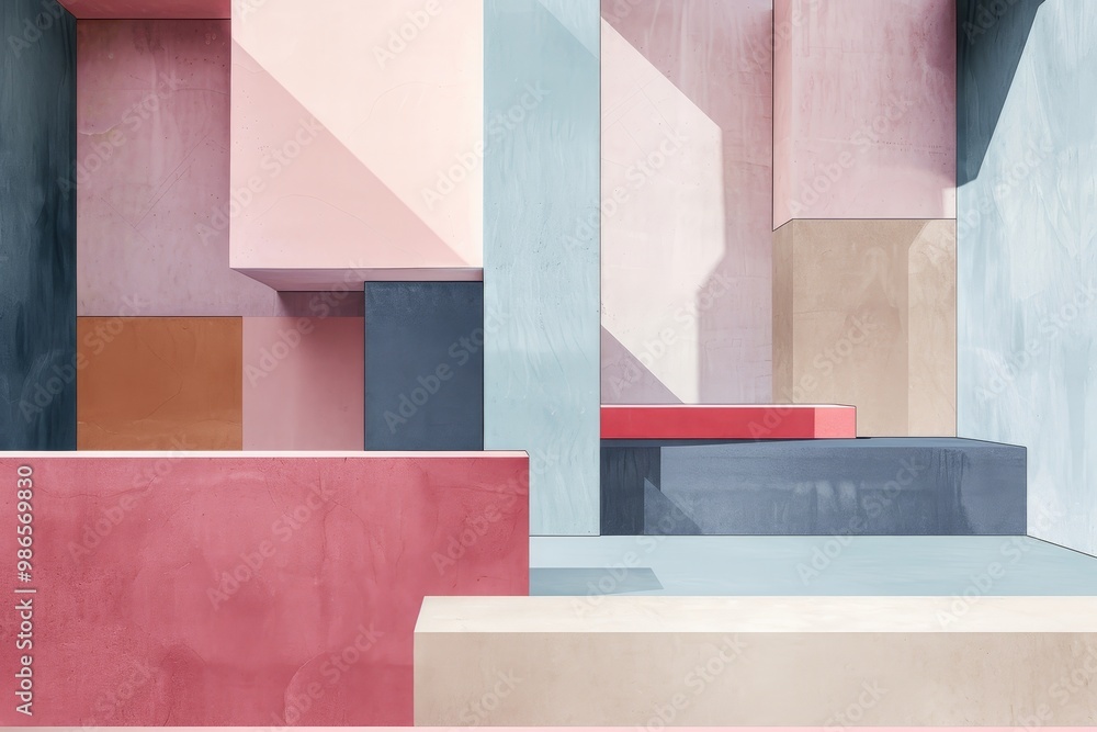 Abstract geometric composition featuring pastel colors with layered blocks and shadows creating depth in a minimalistic style Abstract geometric composition featuring pastel colors with layered blocks and shadows creating depth in a minimalistic style