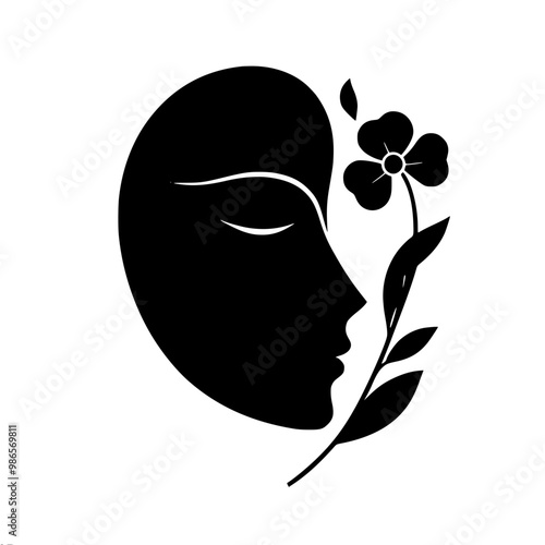 Silhouette of a man with a flower symbolizing simplicity and elegance, conveying the tranquility and beauty of nature in a minimalist style, black vector illustration