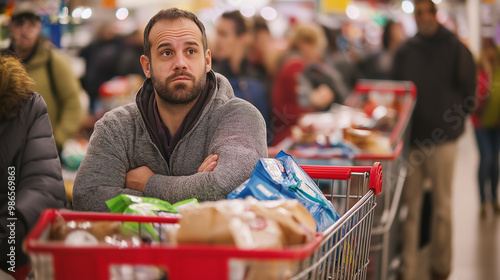 Man shopping in the supermarket, Shopper in Checkout Line concept, a shopper waiting in a long checkout line with a full shopping cart, Sale, discounts, Black Friday, Shopping spree